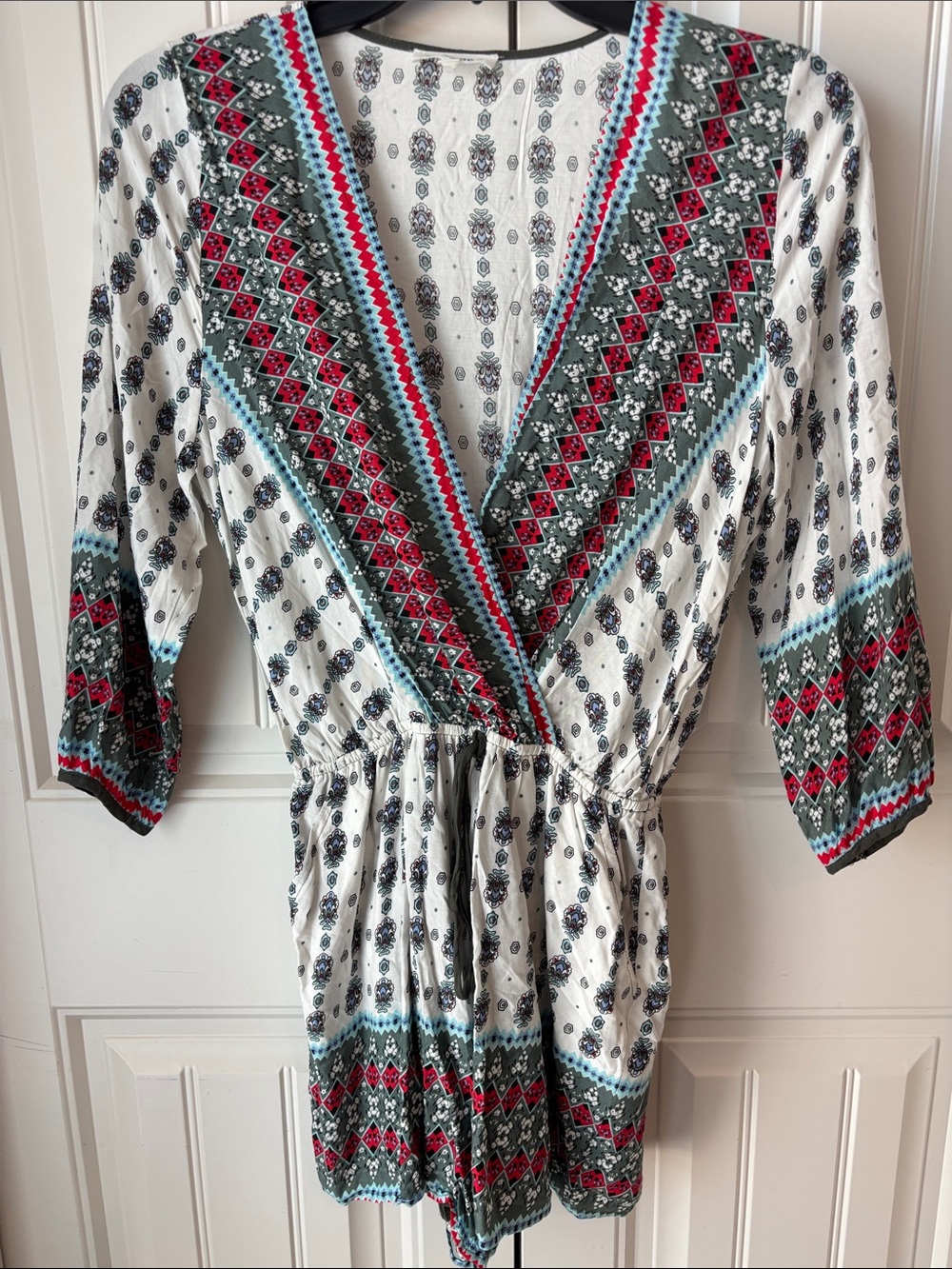 Boho Printed V-Neck Short Romper with 3/4 Sleeves & Drawstring Waist
